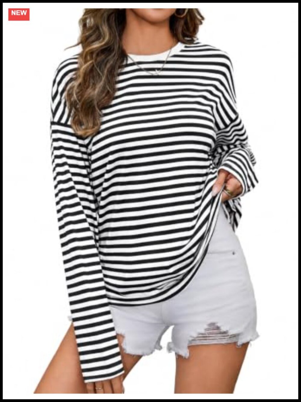 Oversized Striped Long Sleeve Cotton Tee Crew Neck Top